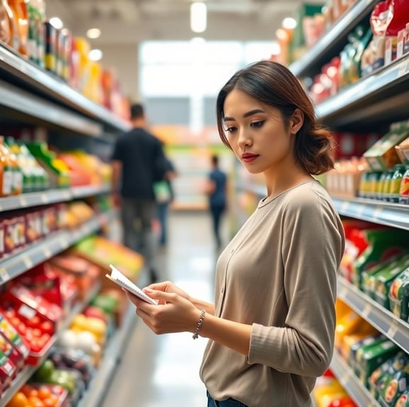 a woman looking at her grocery list in the grocery store