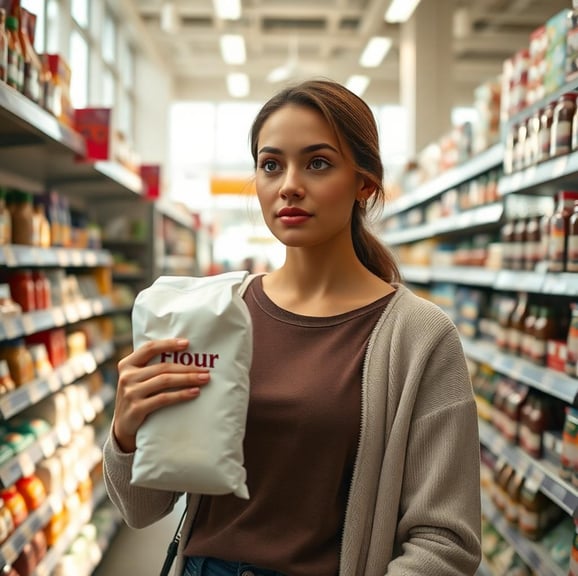 a woman buying flour in the grocery store
