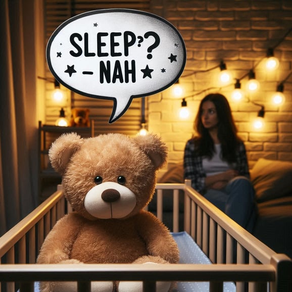 A teddy bear refusing to sleep with a frustated mother in a background