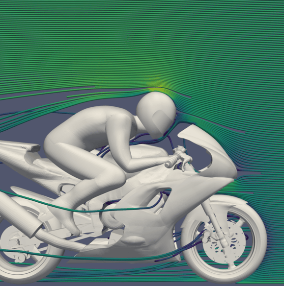 A data visualization of airflow on a motor bike.