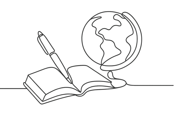 A line drawing showing an open book with a pen resting across its pages, accompanied by a globe