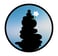 unanomalize podcast brand icon in a black circle with blue sky, black stacked stone cairn, white orchid growing out of cairn