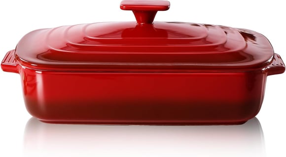 a red casserole dish with a red lid
