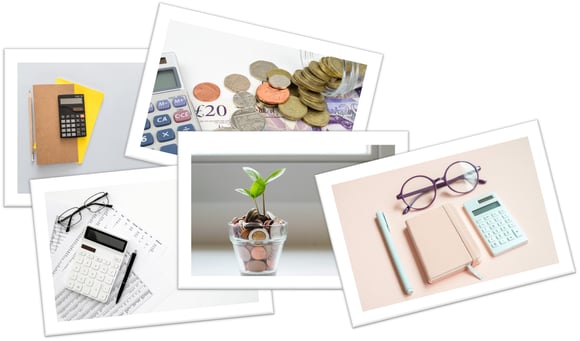 Series of stock photos that reflect bookkeeping, with Polaroid borders, slightly overlapping each other to form a casual pile