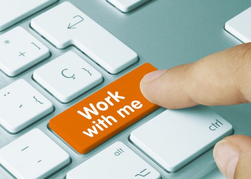 image of white keyboard with orange button work with me