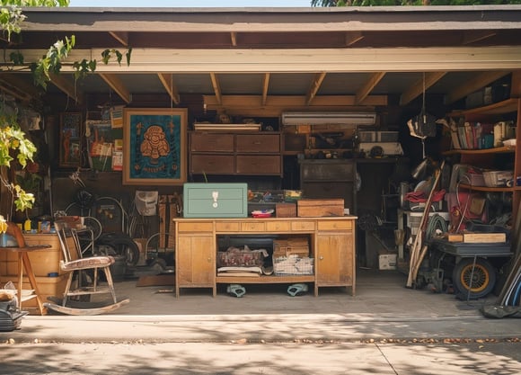 Ansammlung von Dingen in einer aufgeräumten privaten Garage