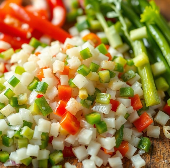 chopped onions, bell peppers, and celery.