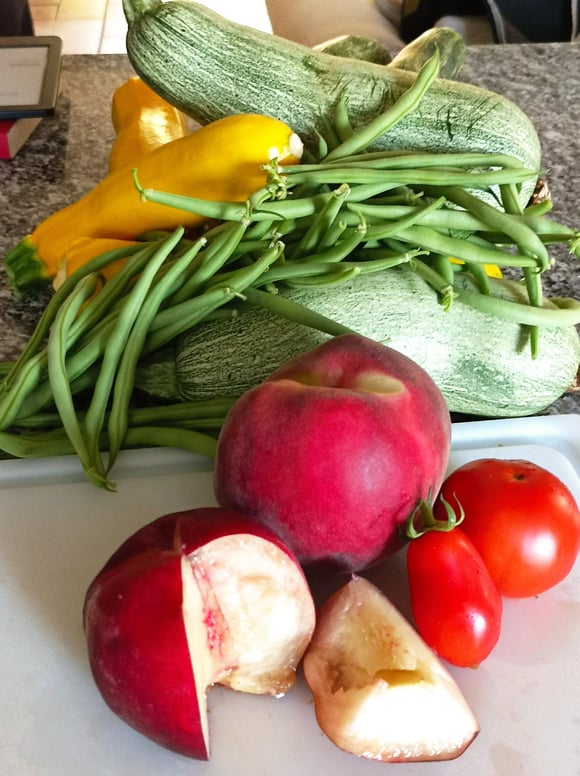 Local peaches and home grown veg.