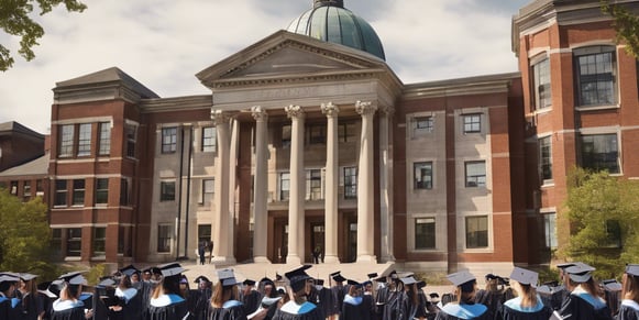 A group of graduates wearing black robes and teal sashes throw their caps in the air while holding certificates. They are standing on a grassy area in front of a modern building with grey and red elements.