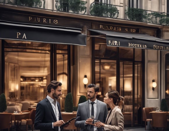 Businessman & woman discutant devant un hôtel à Paris