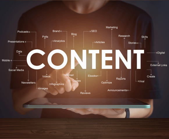 Person using a tablet with "CONTENT" displayed, surrounded by digital marketing keywords.