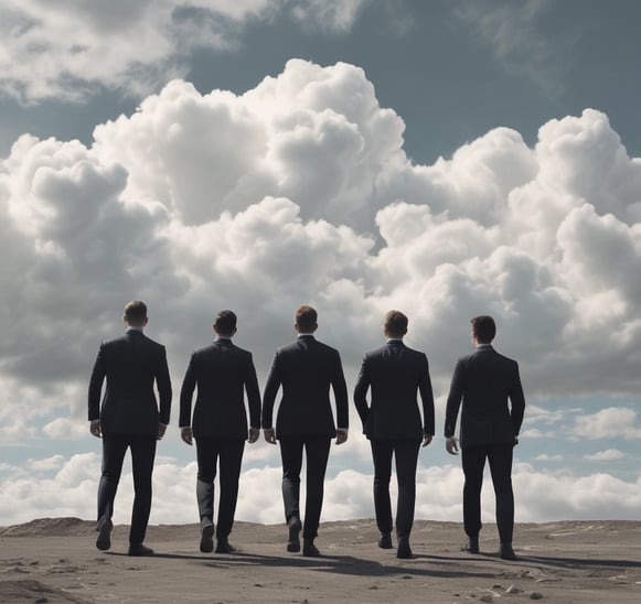 Cinco personas trajeadas se alejan pisando arena y un cielo con nubes