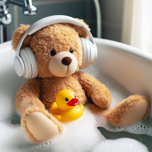 Teddy bear in the bath listening to music