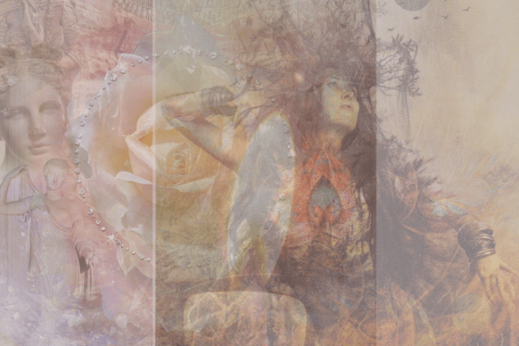 Archetypal feminine figures—Mother Rose and the Wild Woman—blending symbols of ancestral power