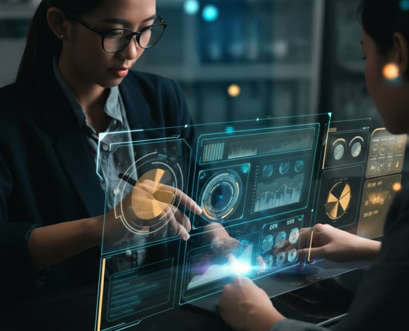 Verve Phoenix team monitoring system performance with real-time holographic dashboards.