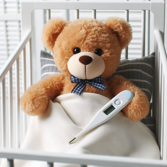 Teddy Bear with a thermometer in bed
