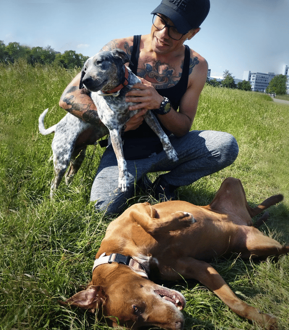 a man with tattoos playing with two happy dogs on the grass in a park