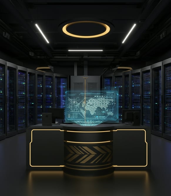 Verve Phoenix optimizing a futuristic data center with holographic control systems.