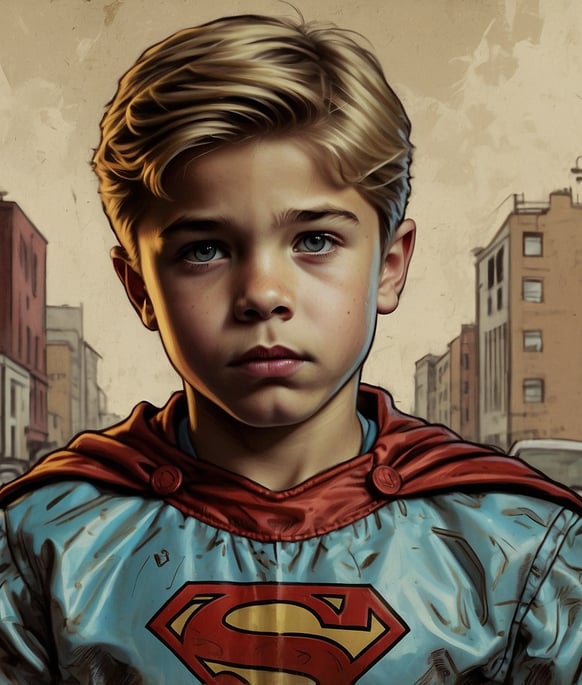 Portrait photo transformed into a young boy in a superman costume