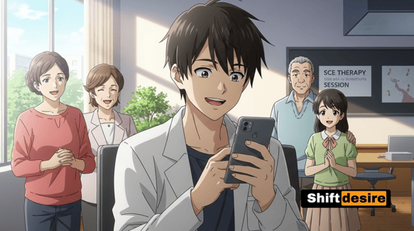 Anime-style scene of the main character scheduling a therapy session on his phone, with family nearby giving him supportive l