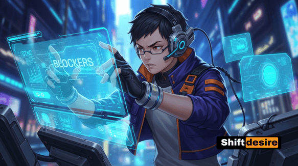Futuristic anime character with holographic screens, installing blockers on devices,