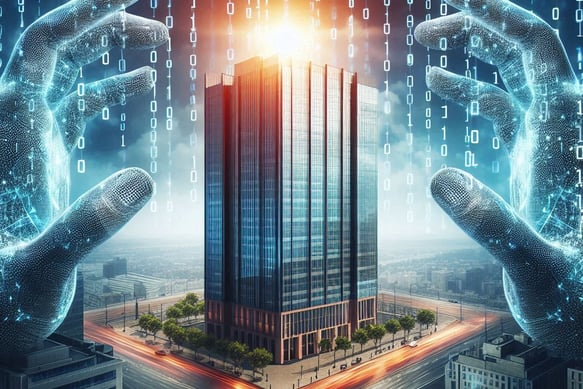 torre rodeada de codigo binario, que esta entre 2 manos gigantes con efecto digital 