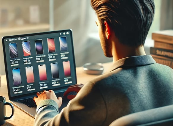 on voit un jeune homme qui cherche sur internet un nouveau model de mobile