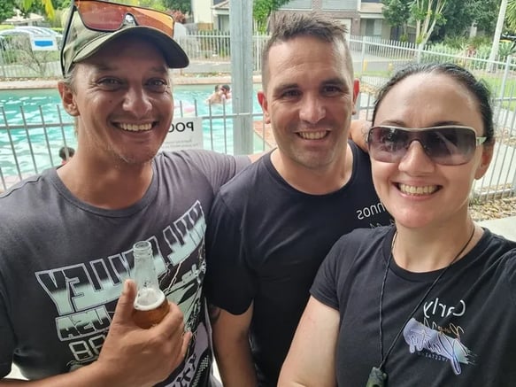 SweetAz selfie with long term friend Tipene for his daughters 10th birthday pool party, Logan.