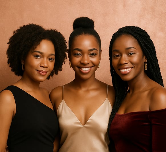 Four radiant Black women smiling with warmth and strength, representing sisterhood and soulful unity
