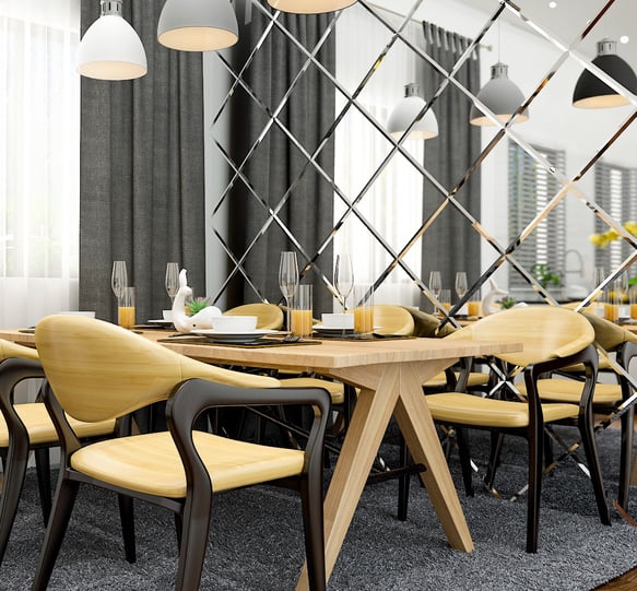 a dining room with a table and chairs
