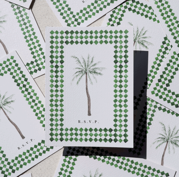 rsvp card with palm tree and green and white tiles