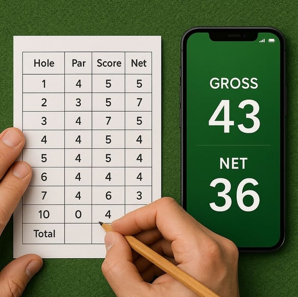 Golfer fills out golf scorecard beside smartphone showing gross and net scores