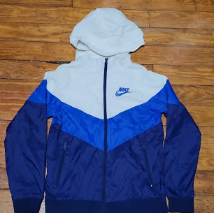 a blue and white jacket with a hoodie and a hoodie