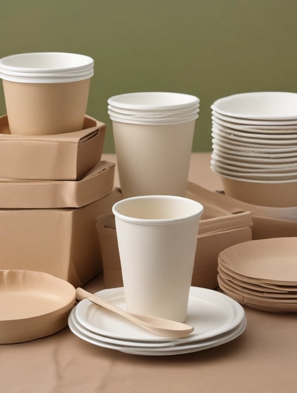 A disposable paper coffee cup with a black lid rests against a dark background. The cup has an earthy brown band with white text indicating it is a biodegradable paper cup mockup. The lighting casts a smooth gradient, creating shadows and highlights on the cup, giving it a realistic appearance.