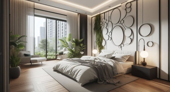 camera da letto con piante ornamentali, poltrona relax e decorazione con cerchi dietro al letto