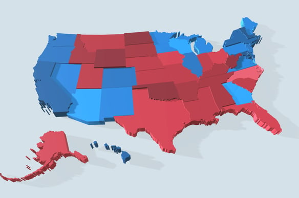 A 3D visualization of the United States of America depicting the 2022 presidential election results.