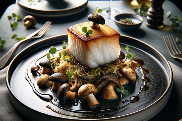 lejra cod plate of food with mushrooms porcini