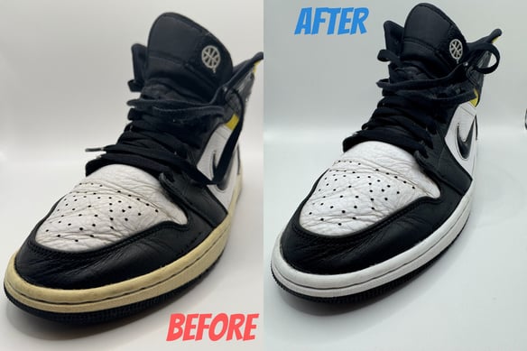 KicksReboot carried out an unyellowing of Jordan 1 Quai 54, comparison of shoes before and after the process