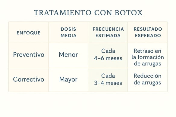 Tabla comparativa de bótox preventivo y correctivo con enfoque, dosis y frecuencia.