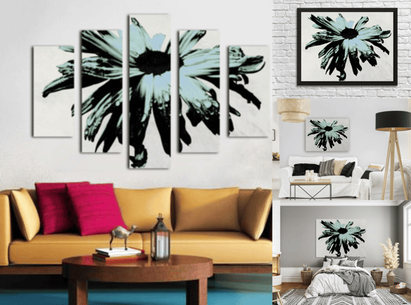 Canvas Prints spilt, unframed and framed hanging on livingroom and bedroom walls with furniture 