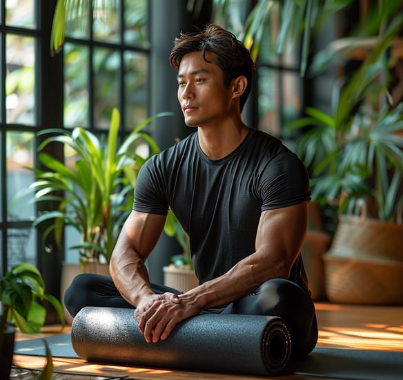 A yoga instructor centering himself before teaching his class.