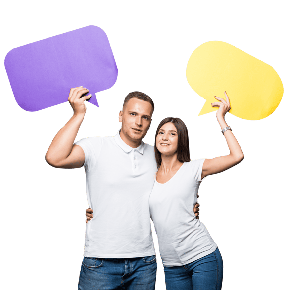 a man and woman holding up two speech bubbles