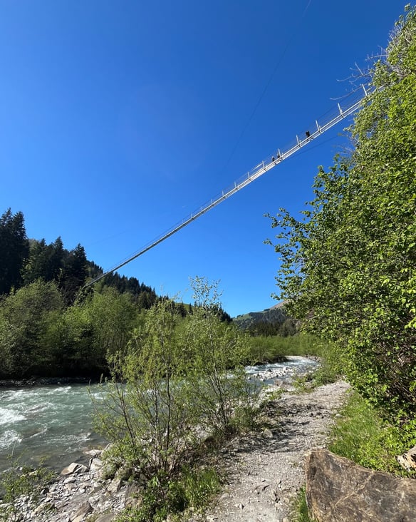 Looking up at Hangebrucke Hostalde over the Entschlige River in Frutigen Switzerland