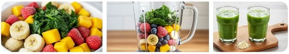 The image shows a smoothie made with fruits and spinach, blended into a healthy, vibrant drink.