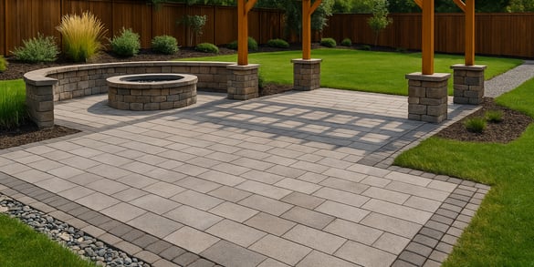 a patio with a pergolized patio area