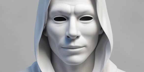 A person wearing a white mask with black, stylized features including a mustache, goatee, and thick eyebrows, reminiscent of a Guy Fawkes mask. The mask has pink blush on the cheeks. The person is dressed in a dark, textured coat, and the background is black, creating a mysterious and enigmatic atmosphere.