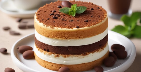 a cake with chocolate chips and coffee beans. Tiramisu