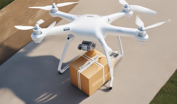 A drone hovers in the air with blurred trees and objects in the background, suggesting an outdoor setting. The drone's design includes visible propellers and a camera mounted at the front, indicating its potential use for aerial photography or videography.