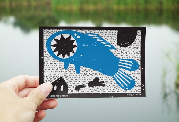 Promotional postcard for studying. it shows an illustration of a house, fish and a river. 