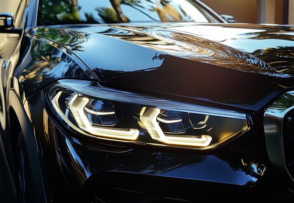 Feu avant allumé d'une BMW à la carrosserie noire brillante